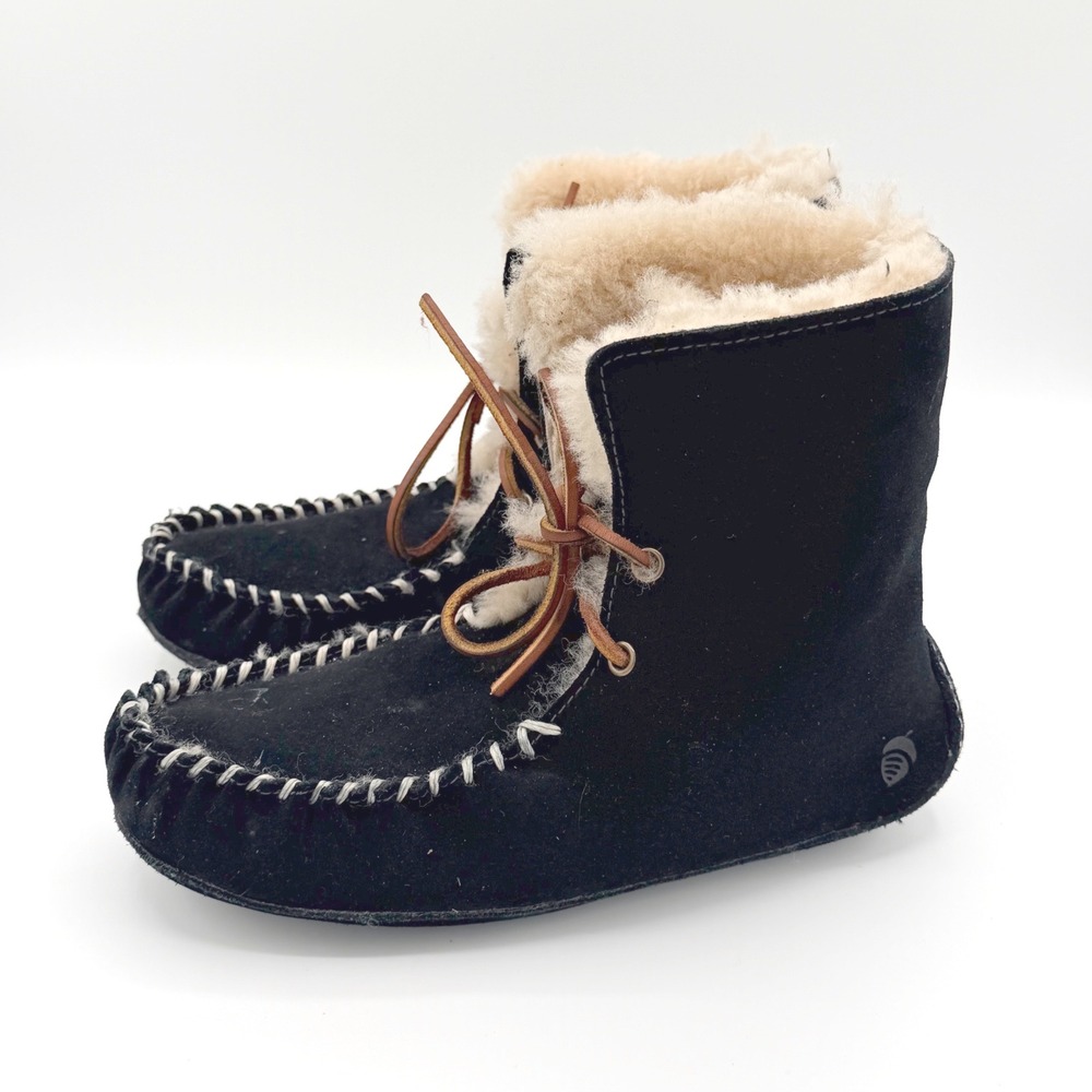 Acorn Genuine Suede Sheepskin Lined Boot Black Womens 6 Warm Winter Cozy‎ Suede